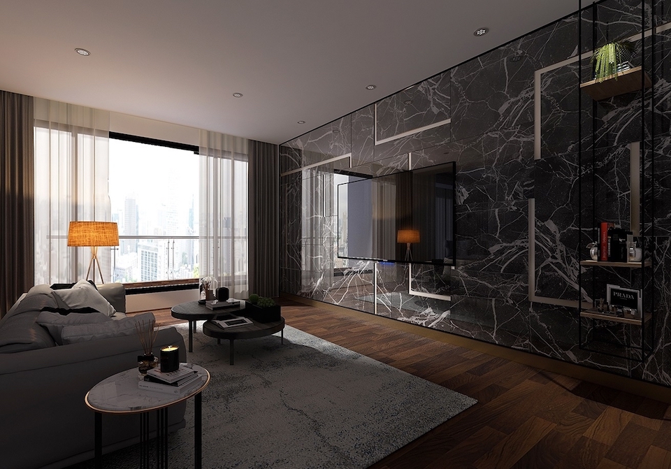 PULO專家王志文室內設計師的裝潢作品，類工業風的客廳裝潢，加上深色的大理石電視牆，給人一種穩重的感覺。