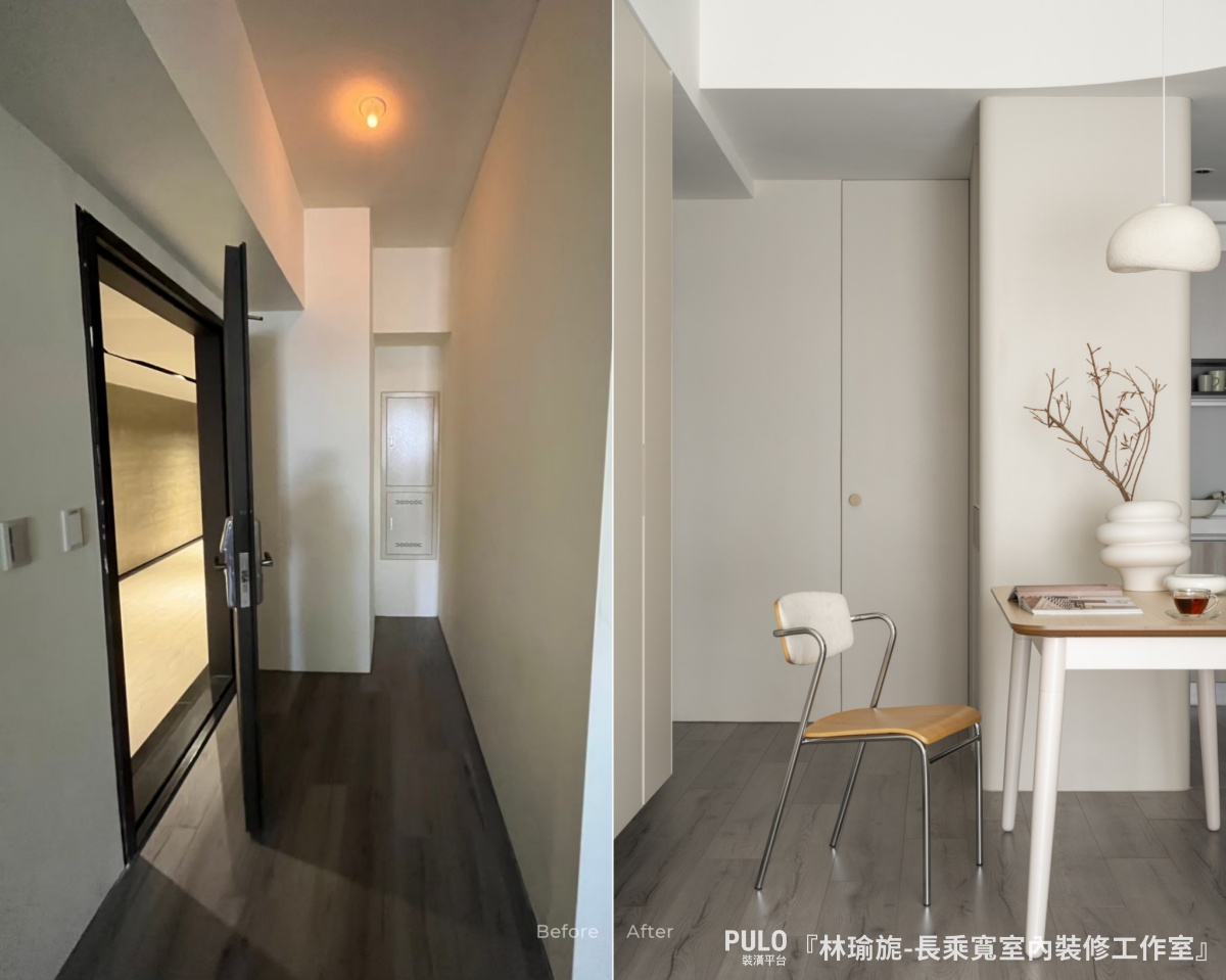 這間22坪新成屋，以奶白色調為主軸，搭配圓弧線條與柔和燈光，營造出明亮溫潤的北歐風居家空間。長乘寬室內裝修工作室台中系統櫃案例 - PULO裝潢平台