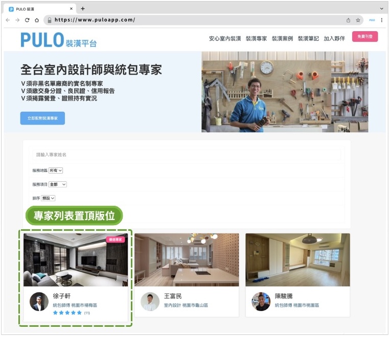 PULO 官網『裝潢專家』頁面置頂版位,優選專家標籤增加您的專業形象,能幫助您的簡介增加至少2倍的瀏覽量,吸引更多主動聯繫您的裝潢消費者!