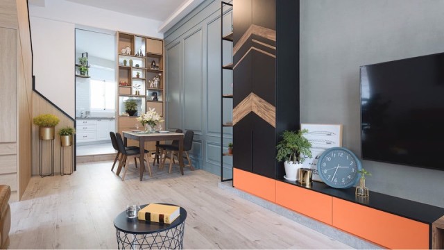 PULO高雄裝潢專家 蘇瑩倫設計師的獨特配色客廳，橘色亮的鮮豔卻不突兀，讓客廳成為你生活的重點、朋友眼中的焦點。